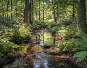Sunlit forest stream, ferns, dappled light, tranquility, nature background, idyllic scene