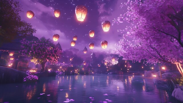 A Mystical Night Scene with Floating Lanterns and Purple Trees