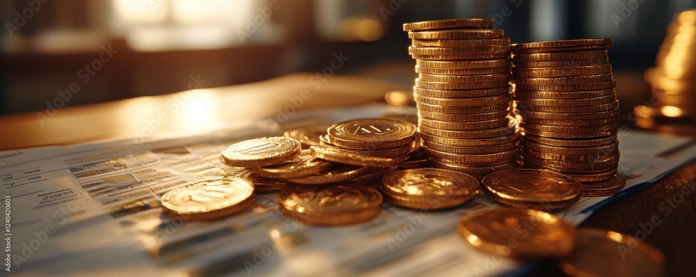 Poster a close-up view of shiny gold coins stacked on a surface, illuminated by warm light, creating a rich