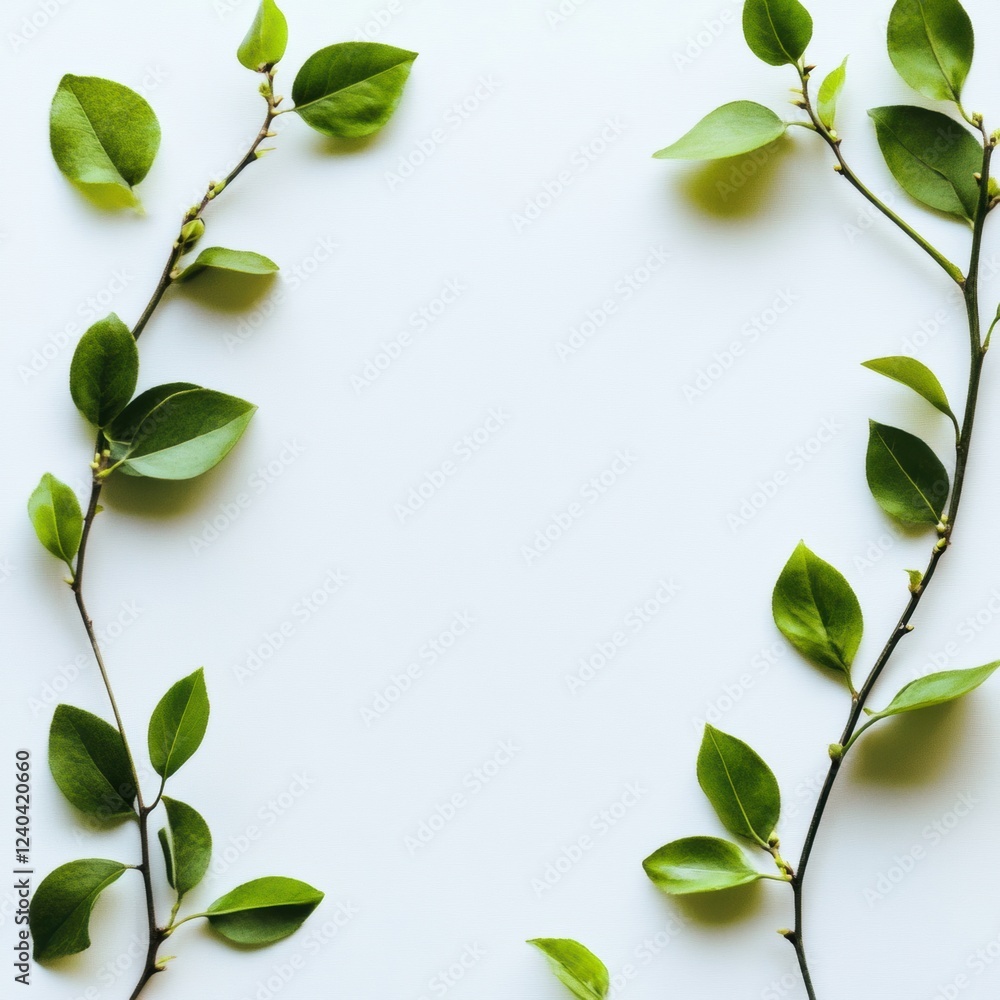 Leinwandbilder green leaves arranged decoratively in a minimalist style for creative text use and design projects. 