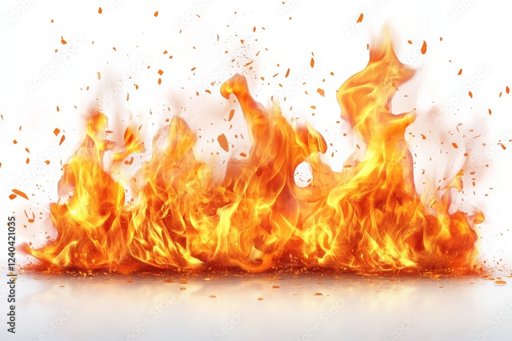 Poster flames dance in vibrant colors, creating an intense visual display with sparks flying and heat radia