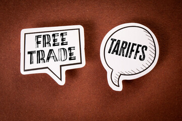 Tariffs and Free Trade. Two speech bubbles on a brown background