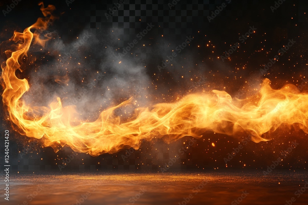 Poster dynamic flames with sparks and smoke create an intense visual display in a dark environment