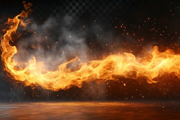 Fototapeta premium Dynamic flames with sparks and smoke create an intense visual display in a dark environment