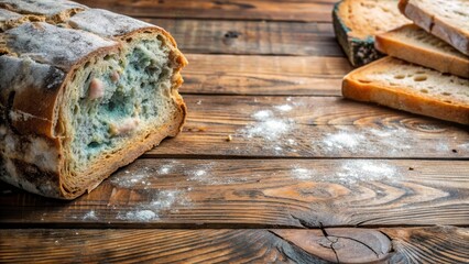 Fototapeta premium Mould covered wooden table with old bread , spoilage, table, spoilage, table, fungus, wood, leftovers, wooden surface, crumbs