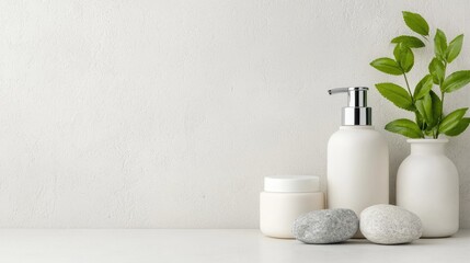 White cosmetic products & plants on shelf