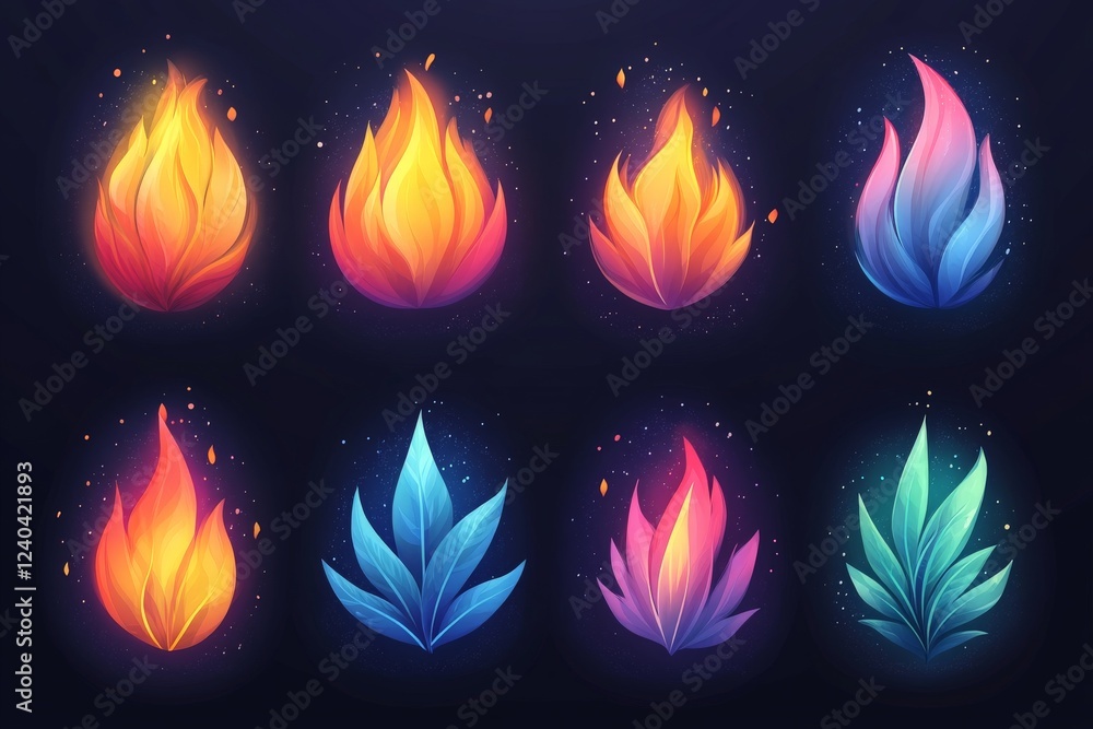 Poster colorful digital flames and leaves design elements suitable for background or graphic use showcasing