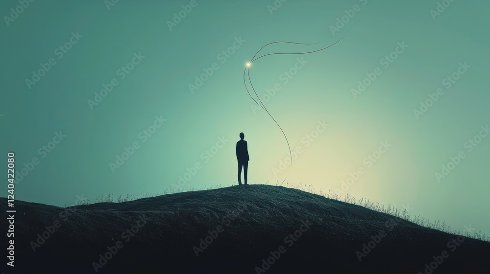 Aufkleber an abstract image of a person standing on a hill, letting go of a string that drifts into the wind, 