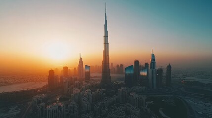 Obraz premium Dubai sunrise cityscape, aerial view, skyscrapers, golden hour, travel