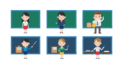 set of teacher character near school board, poses illustration collection set, set of teacher people