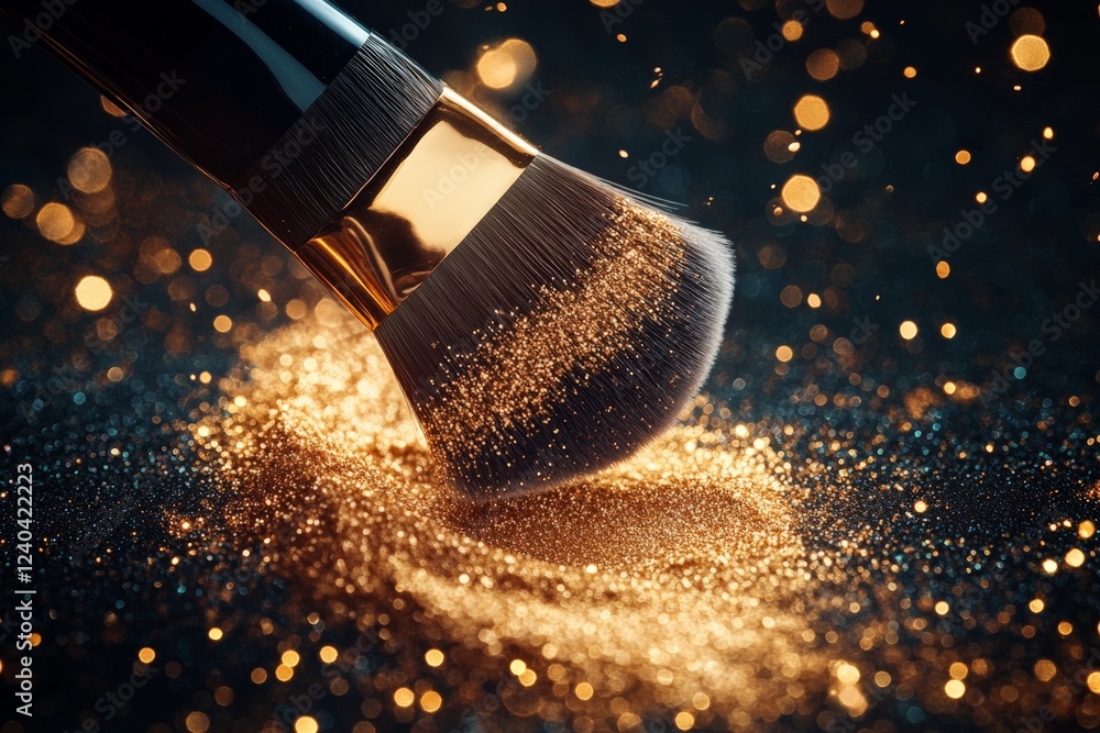 Aufkleber makeup brush creating a shimmering effect on golden glitter in a close-up setting