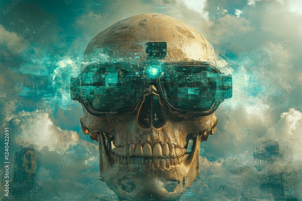 Aufkleber digital skull with futuristic goggles overlooking a dystopian landscape filled with clouds and techn