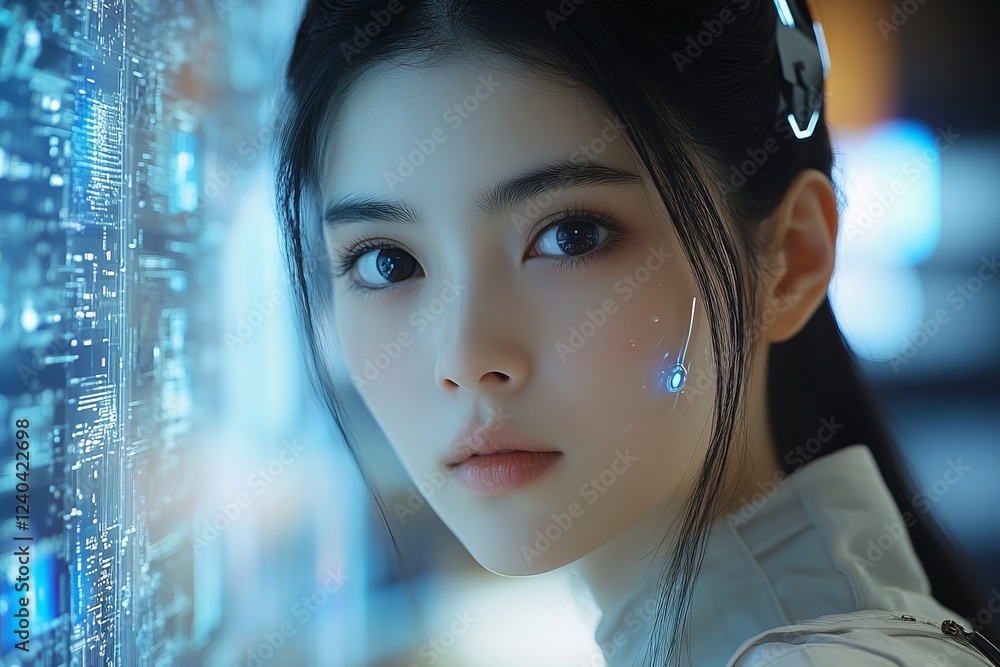 Poster futuristic woman interacts with digital interface in a high-tech environment during nighttime