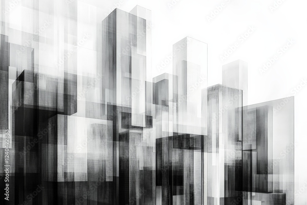 Poster abstract cityscape design showcasing monochrome geometric forms and fluidity in shapes, evoking mode