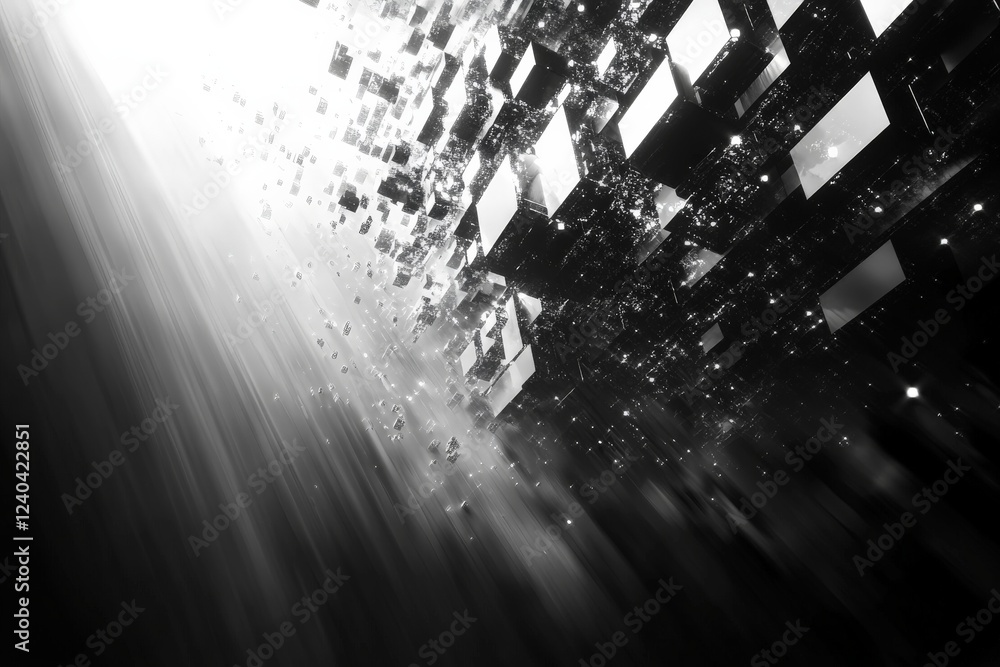 Aufkleber Innovative abstract digital design with floating cubes and a bright backdrop creating depth and motion