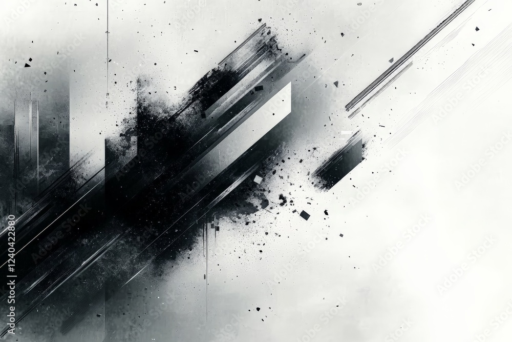 Poster Abstract black and white composition featuring dynamic lines and splatters on a textured background