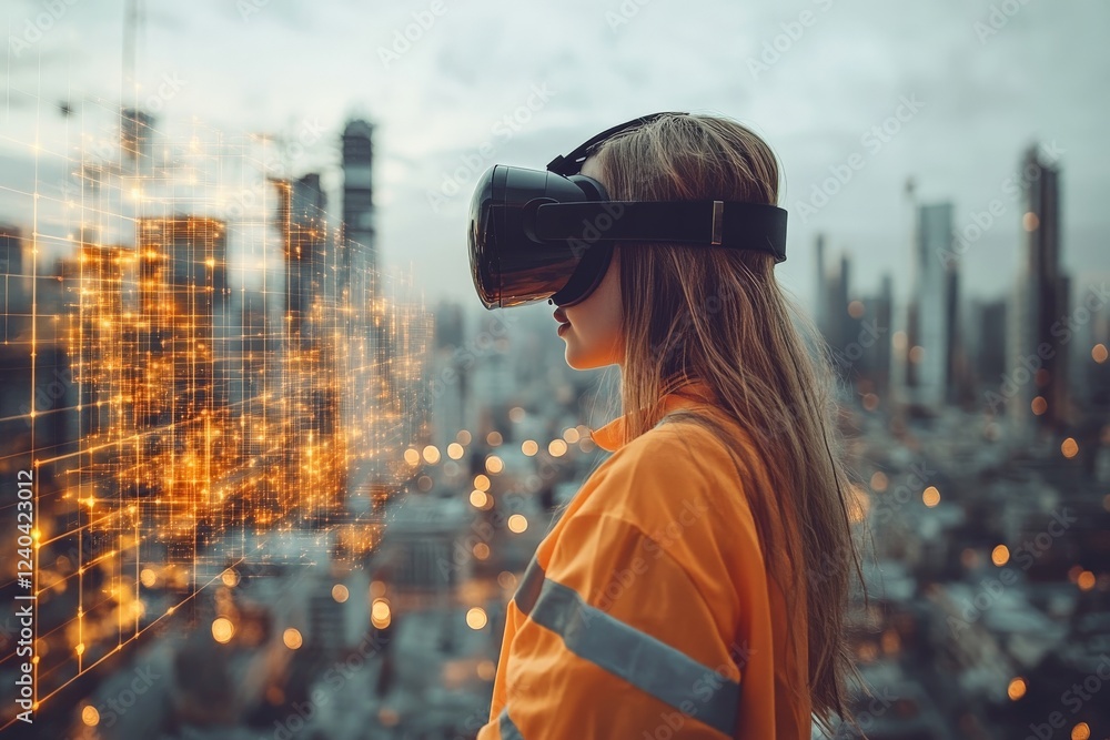Aufkleber using virtual reality technology to explore urban environments with advanced simulations while weari