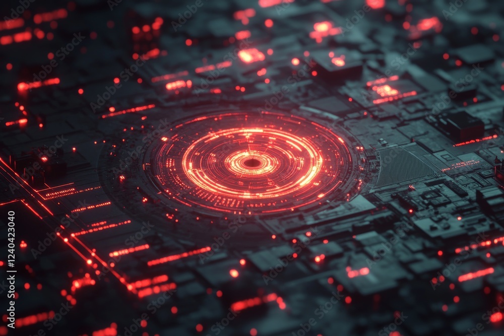 Poster Exploring an abstract digital landscape with intricate red circuitry at night in a futuristic setting