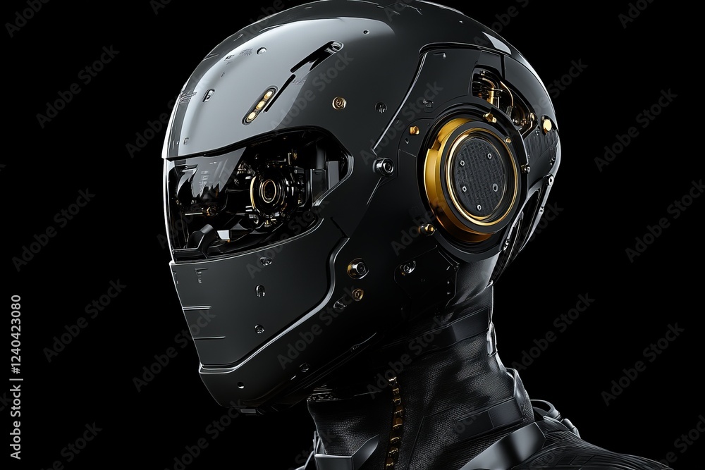 Poster Futuristic robot head design showcases advanced technology with intricate details and a sleek appearance