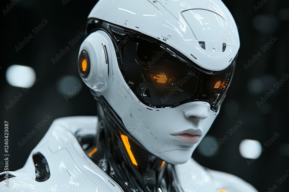 Poster futuristic robot with sleek design and glowing elements standing against a high-tech background