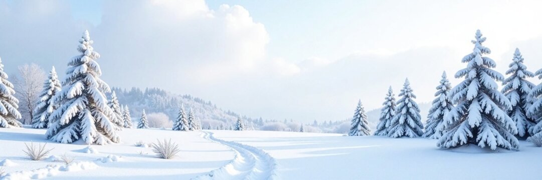 Snow-covered winter landscape in a small white square format, , landscape, white