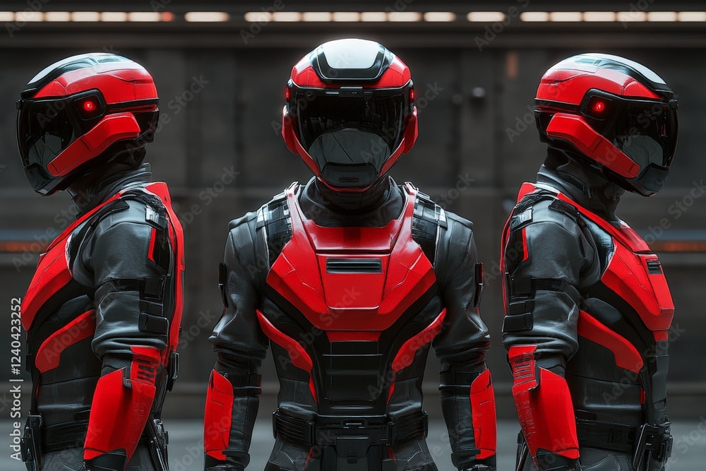 Aufkleber futuristic armored figures in red and black gear showcasing a high-tech design in a sleek environmen