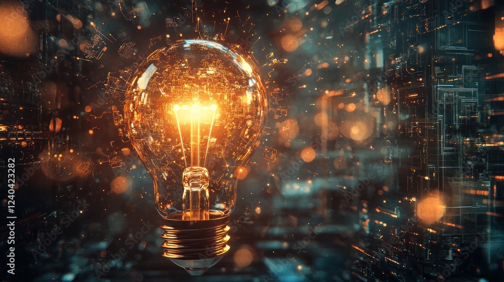 Poster an abstract representation of innovation creation with a glowing lightbulb surrounded by technologic