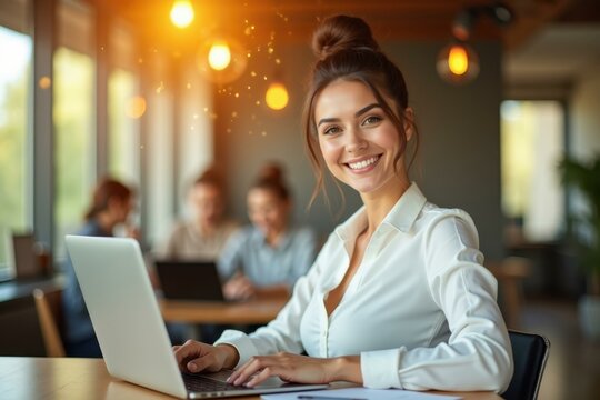 Young smiling woman white shirt typing on laptop remote work concept modern office background warm light cheerful atmosphere Best SEO optimized title for image description close to 199 characters