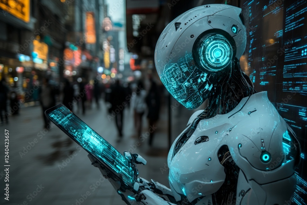 Poster futuristic robot interacts with technology in a bustling city environment during the evening
