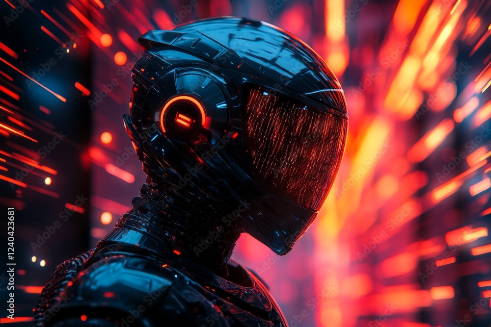 Aufkleber Futuristic robotic figure with glowing features in a vibrant, dynamic environment