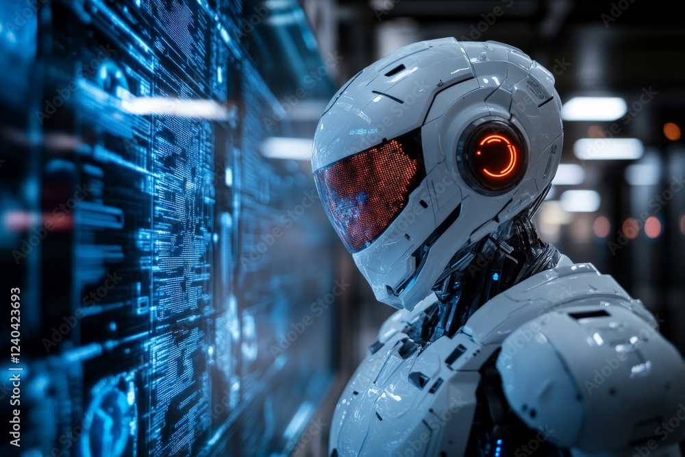 Aufkleber Futuristic robot examining digital data in a high-tech environment at night