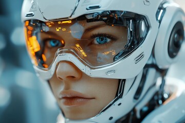 Futuristic cyborg wearing advanced helmet with glowing visor and detailed facial features in a high-tech environment
