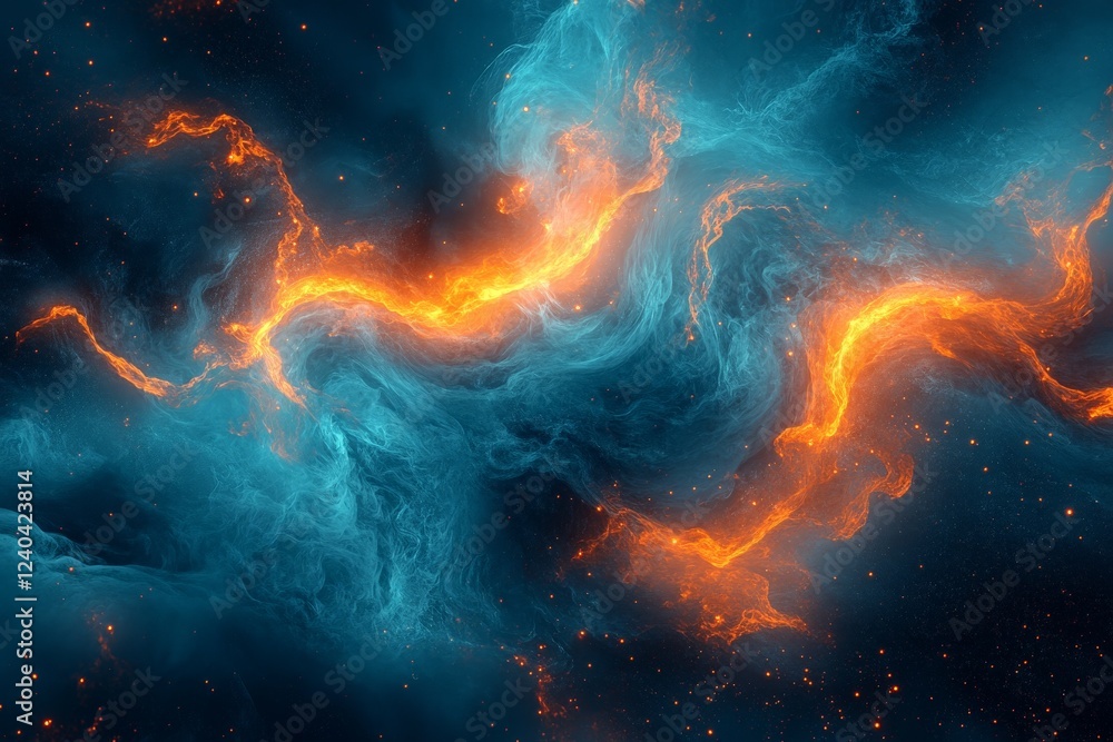 Poster vibrant cosmic clouds illuminated by fiery stars in a vast nebula during dusk hours
