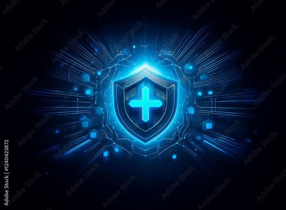 Poster a glowing blue digital shield with a plus sign at its center, radiating energy. the background featu
