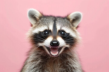 A charming raccoon looks curiously at the viewer, set against a smooth pink backdrop.