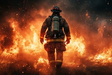 Firefighter walks toward intense flames in dramatic rescue operation at night