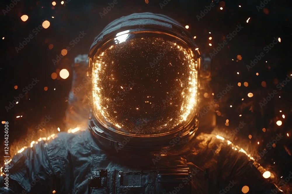 Aufkleber astronaut in glowing suit surrounded by sparkling particles in a dark atmosphere