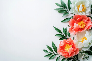Obraz premium A delicate arrangement of vibrant peonies in coral and white colors is paired with lush green leaves, creating an elegant composition perfect for a commercial setting