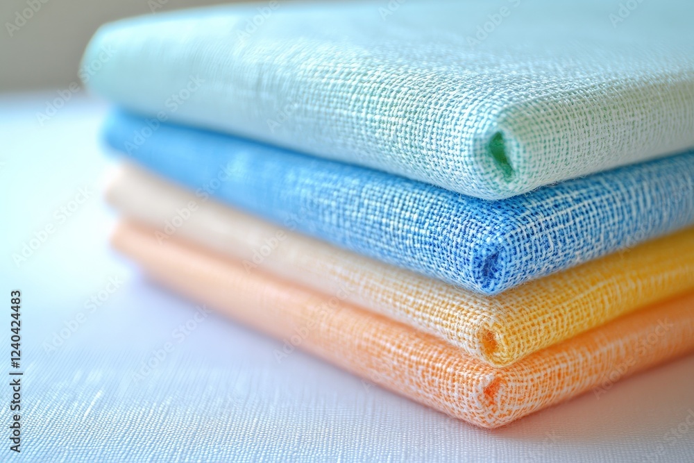 Poster Soft pastel fabric stacks arranged neatly on a table showcasing various textures and colors in natural light