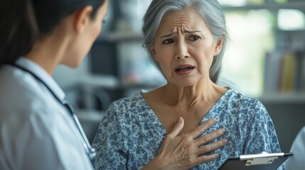 Elderly woman expressing concern during a hospital medical consultation