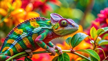 Fototapeta premium Vibrant chameleon on a branch in colorful foliage, displaying its impressive camouflage abilities amidst lush green leaves and vibrant flowers, chameleon, greenery