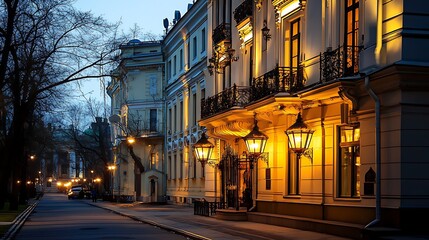 Fototapeta premium Lantern with yellow warm light on facade of builb