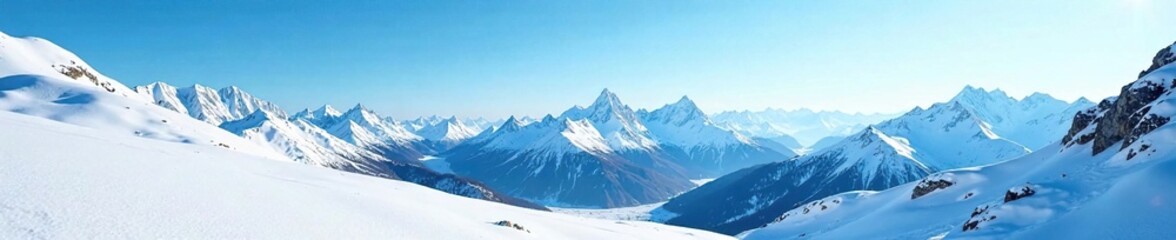 Obraz premium Snowy mountain landscape with blue sky and mountains in the background, serene, calm