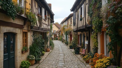 Fototapeta premium A charming cobblestone street lined with rustic buildings adorned with greenery and flowers, creating a picturesque village atmosphere.