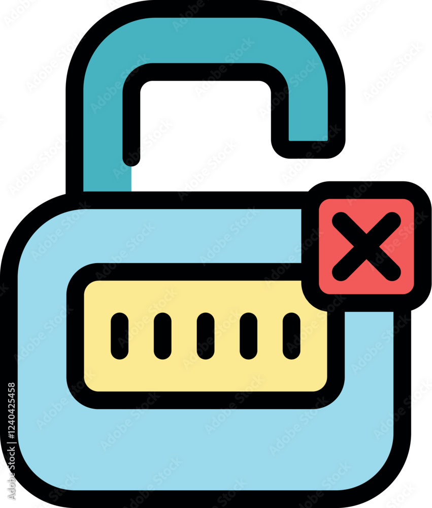 Poster combination lock with wrong password and open shackle representing security issues