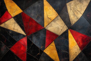 Colorful geometric abstract art with red, yellow, and black patterns creating a vibrant visual experience