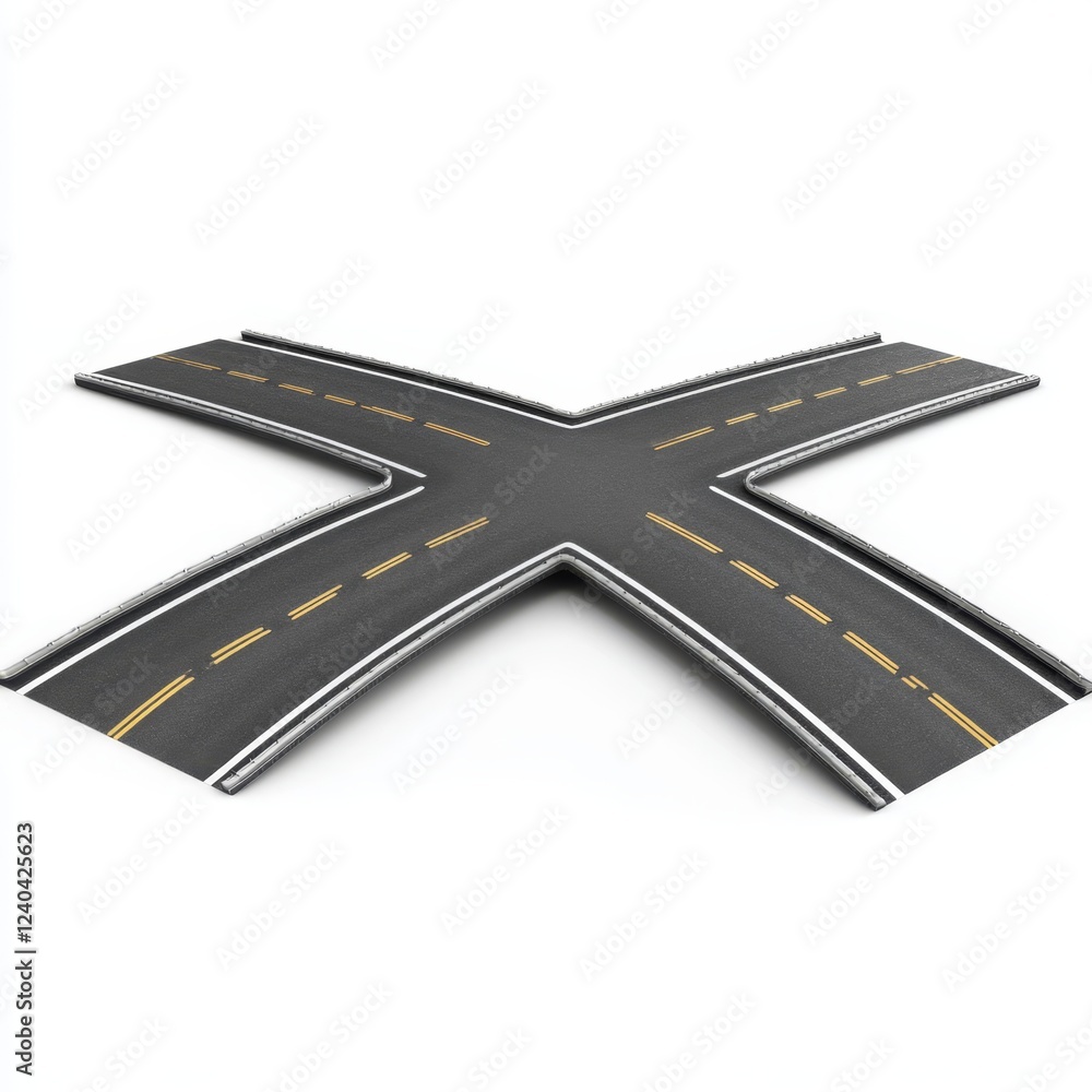 Poster crossroads intersection with four separated roads and markings