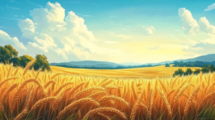 Golden rice fields under blue sky and white clouds