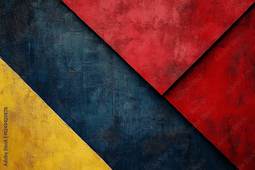 Aufkleber Colorful abstract pattern with red, blue, and yellow triangles on textured surface in artistic design