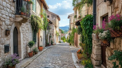 Fototapeta premium A charming cobblestone street framed by stone buildings adorned with vibrant flowers and greenery, inviting visitors to explore its picturesque beauty.